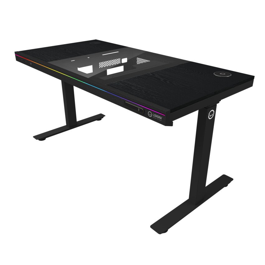 Stôl LORGAR s nastaviteľnou výškou, vstavanou skrinkou na PC, bezdrôtovou nabíjačkou, portami RGB a USB, drevenou doskou