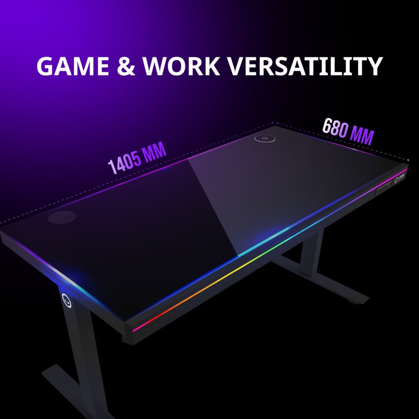 Stôl LORGAR s nastaviteľnou výškou, vstavanou skrinkou na PC, bezdrôtovou nabíjačkou, portami RGB a USB, drevenou doskou