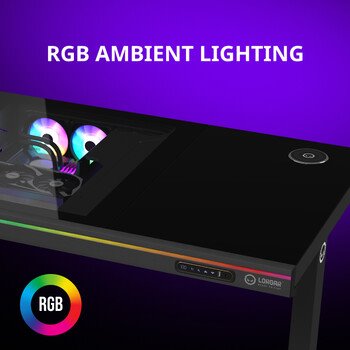 Stôl LORGAR s nastaviteľnou výškou, vstavanou skrinkou na PC, bezdrôtovou nabíjačkou, portami RGB a USB, drevenou doskou
