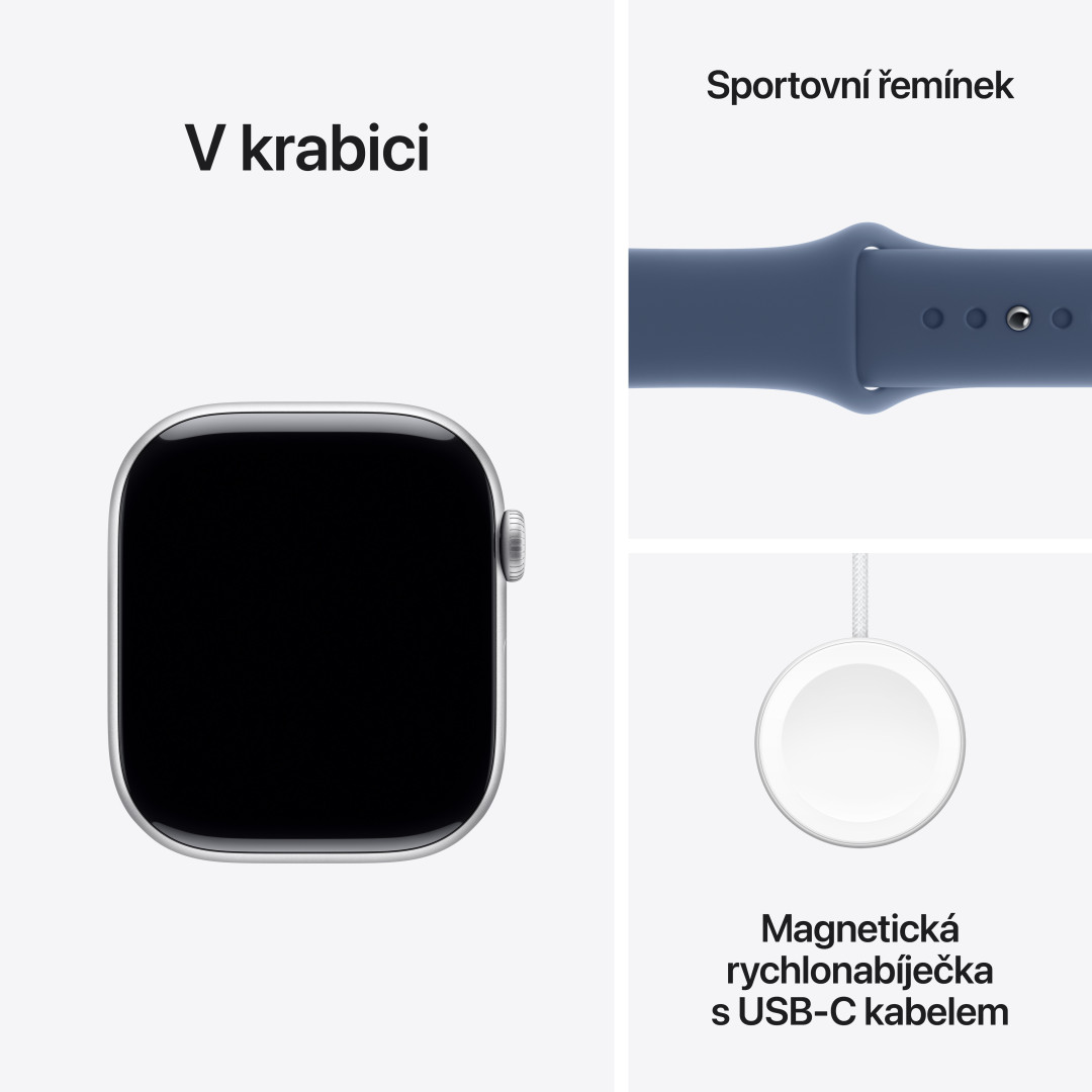 Strieborné hliníkové puzdro Apple Watch Series 10 GPS 42 mm so športovým denimovým remienkom - M/L (MWWC3QC/A)