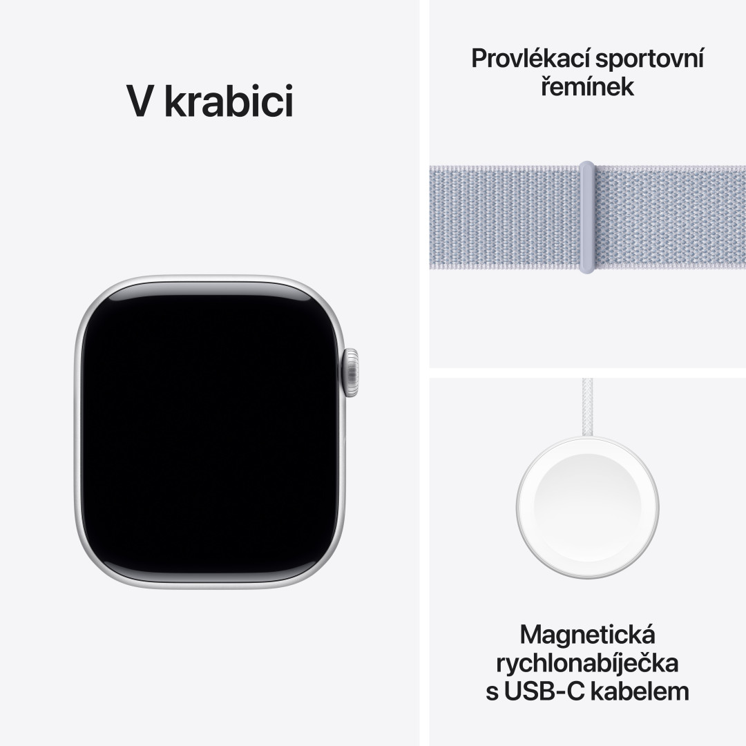 Strieborné hliníkové puzdro Apple Watch Series 10 GPS 46 mm so športovou slučkou Blue Cloud (MWWN3QC/A)