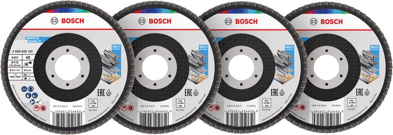 Súprava brúsnych kotúčov BOSCH X451, 115 × 22,23 mm, G40; 60; 80; 120, T29, 60 ks (2.608.626.159)