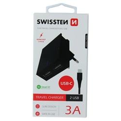 Swissten adaptér Smart IC 2× USB 3A + USB-C kabel, černý  