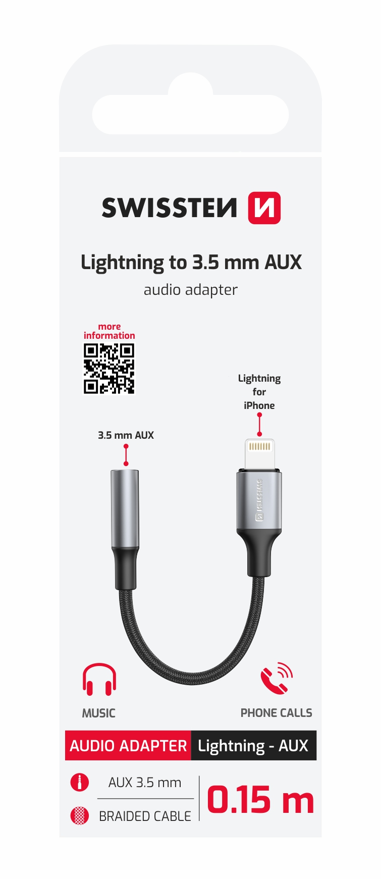 Swissten Audio adaptér Lightning / 3,5 mm AUX 0,15 m, čierny