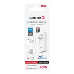 Swissten Cestovní adaptér GaN USB-C + USB-A 65W výměnné vidlice (US, EU, UK), bílý