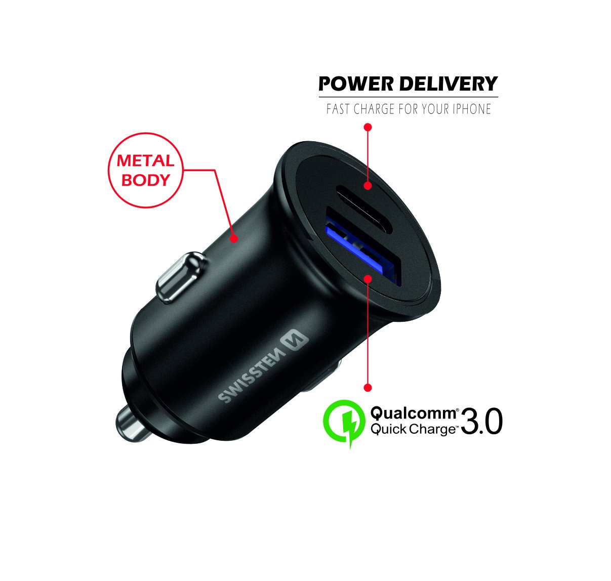 Swissten CL adaptér USB-C + QC 36 W, černý