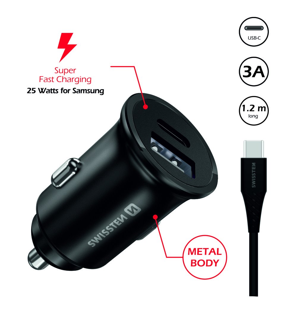 SWISSTEN CL pre Samsung USB adaptér do auta 25W + USB-C/USB-C kábel 1,2 m