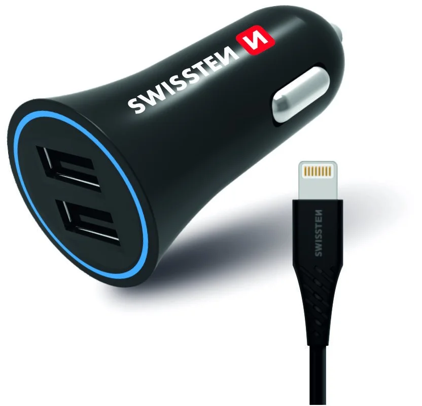 SWISSTEN CL USB adaptér do auta 2x USB 2,4A, Lightning kábel, čierny