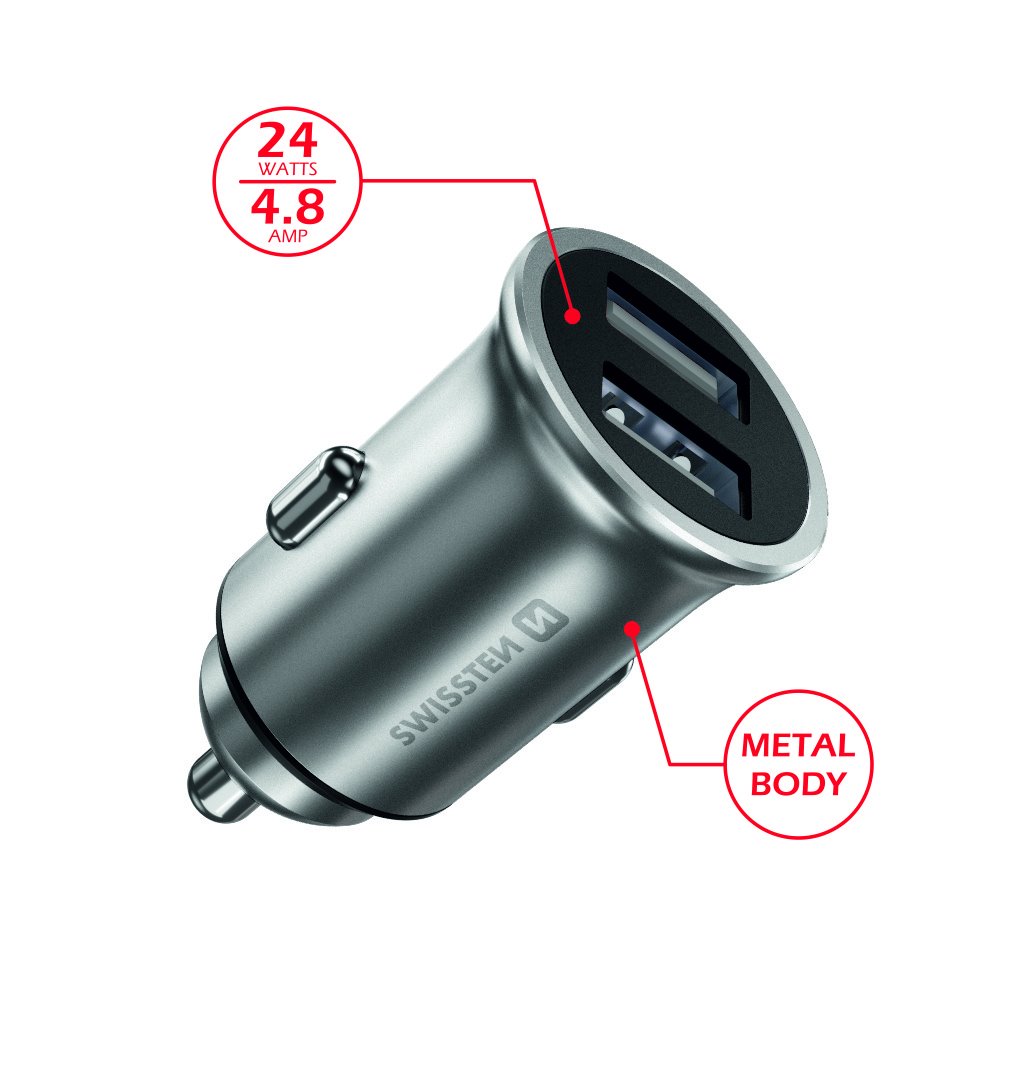 SWISSTEN CL USB adaptér do auta 2xUSB 4,8A strieborný