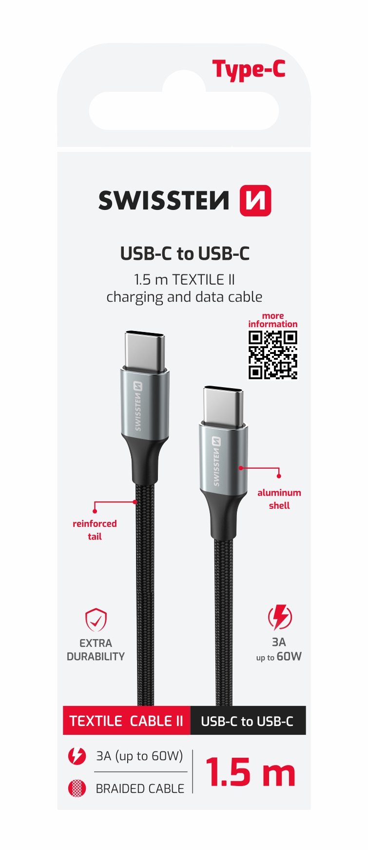 SWISSTEN DÁTOVÝ KÁBEL TEXTILE II USB-C / USB-C 1,5 M ČIERNY
