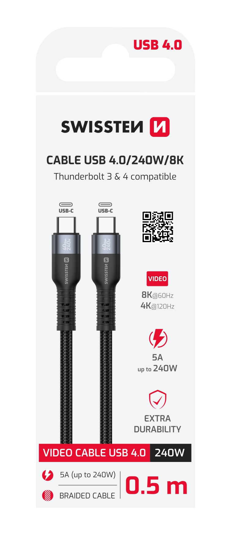 Swissten Datový video kabel USB 4.0, USB-C, 240 W, 8K@60 Hz, 40 Gb/s, TB3 & TB4, 0,5 m, černý