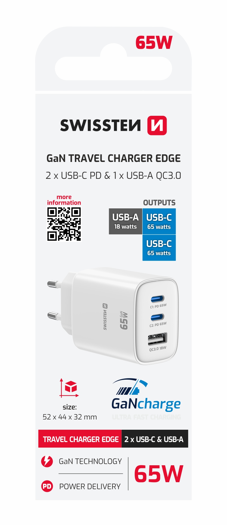 Swissten Edge GaN adaptér 65 W, bílý
