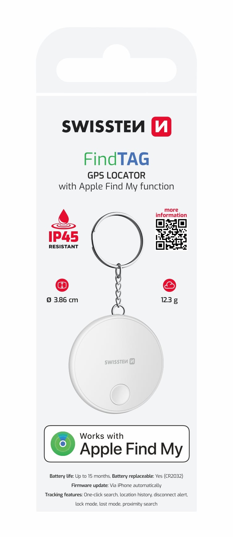 Swissten Find Tag lokátor s Apple Find My, bílý