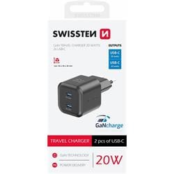 Swissten GaN adaptér 2× USB-C 20W, černý  