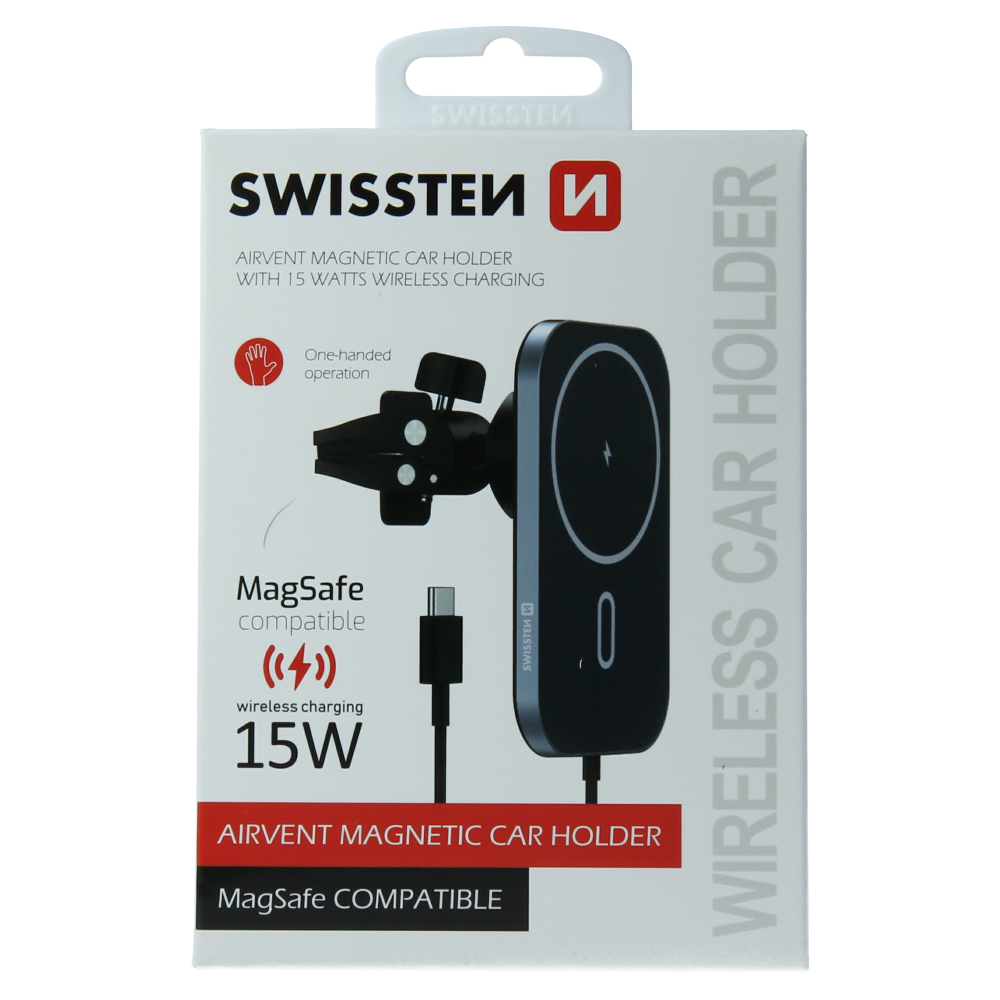 SWISSTEN MAGNETICKÝ DRŽÁK DO VENTILACE AUTA S BEZDRÁTOVÝM NABÍJENÍM 15W (kompatibilní s MagSafe)