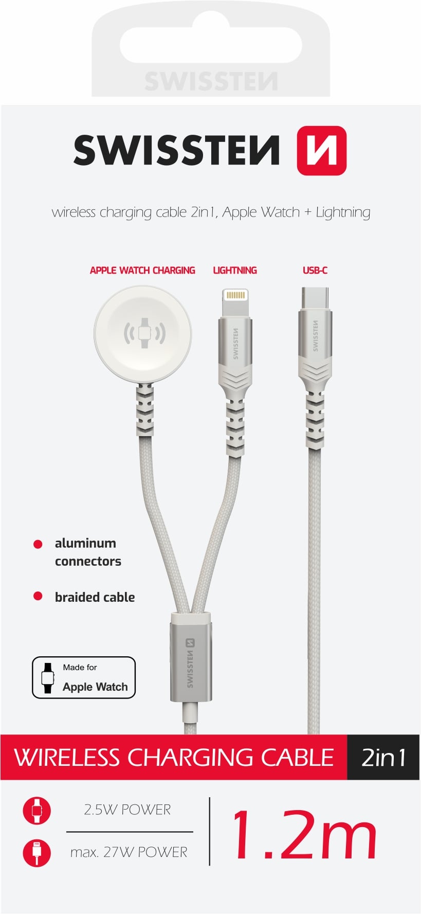 Swissten magnetický kábel Apple Watch + Lightning, biely