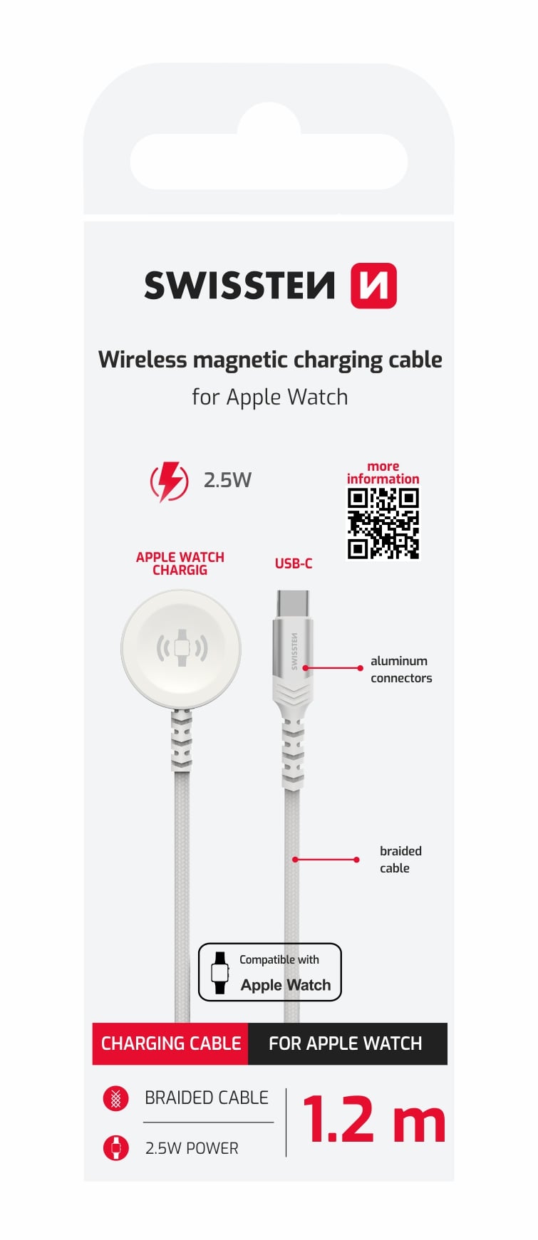 Swissten magnetický kabel pro Apple Watch, USB-C 1,2 m, bílý