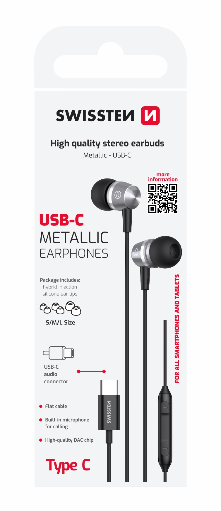 Swissten Metallic USB-C sluchátka, černá