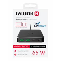 SWISSTEN mini desktop adaptér GaN 2x USB-C + 2xUSB 65W Power Delivery černý