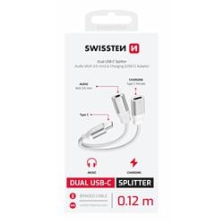 Swissten Nabíjecí audio adaptér Textile USB-C (samec) / USB-C (samice) + 3,5mm AUX 0,12m, bílý
