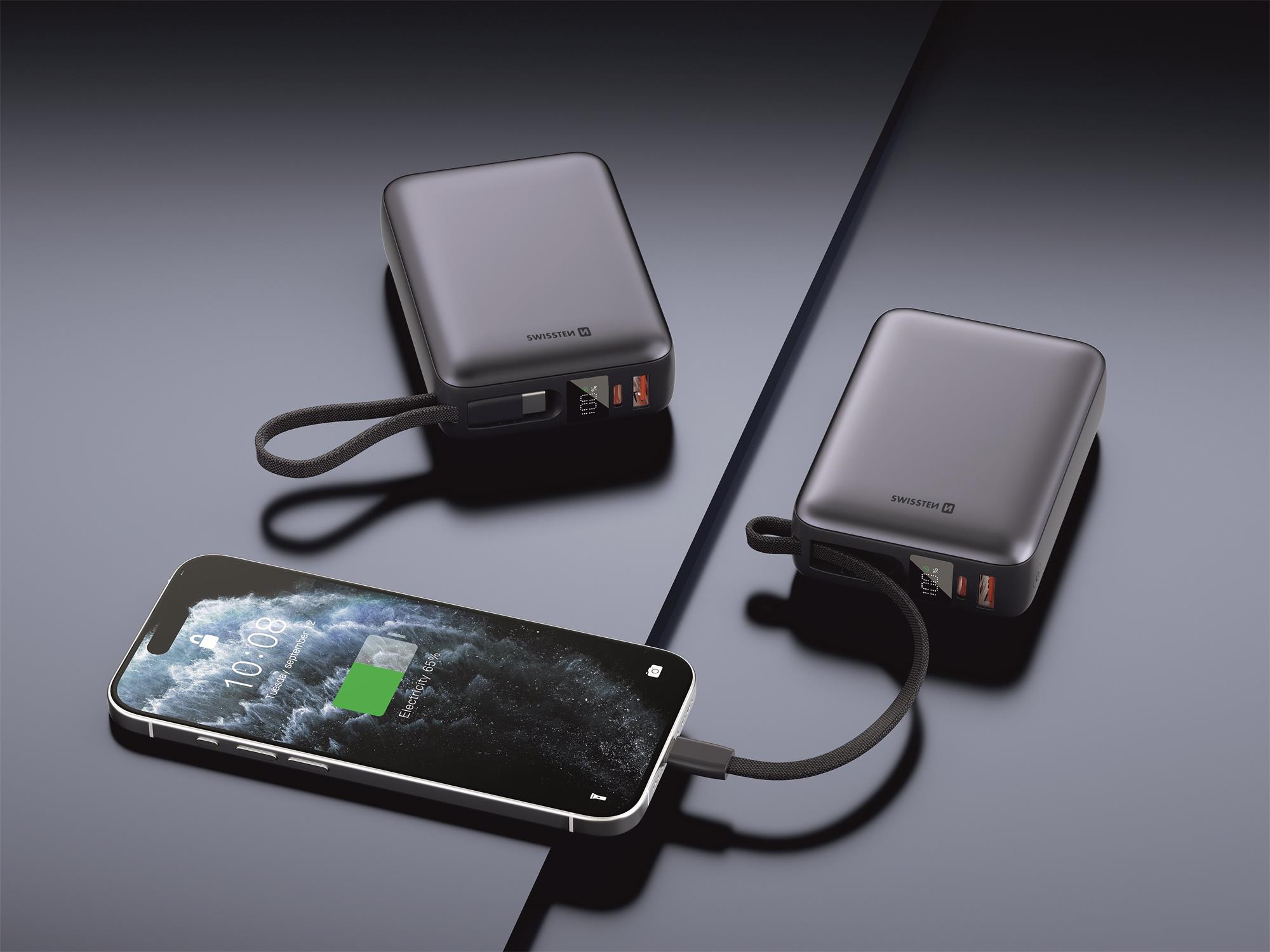 SWISSTEN POWER BANK 20000 mAh 45W S INTEGROVANÝM KABELEM USB-C VESMÍRNĚ STŘÍBRNÁ
