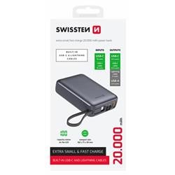 SWISSTEN POWER BANK 20000 mAh S INTEGROVANÝM USB-C A SVETELNÝMI KÁBLAMI STRIEBORNÁ STRIEBORNÁ