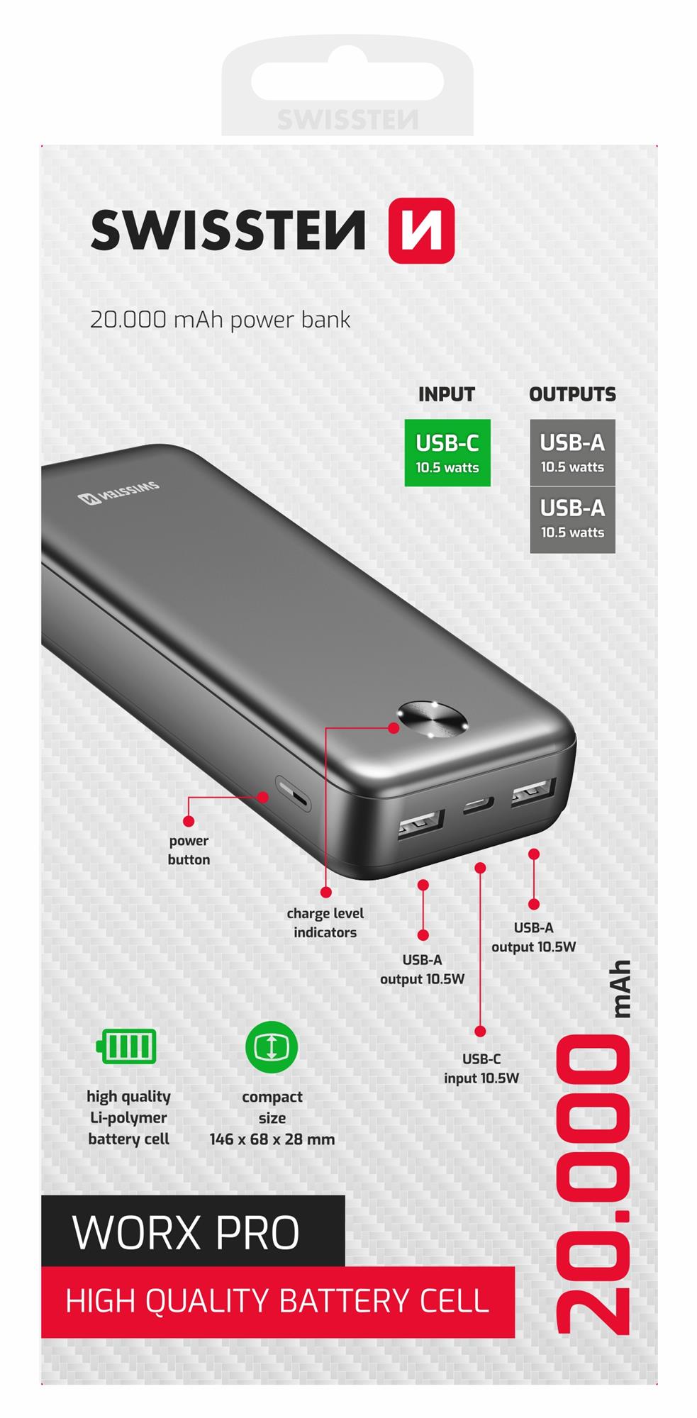 SWISSTEN POWER BANK 20000 mAh WORX PRO BLACK