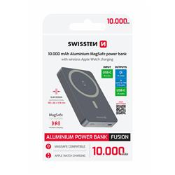 Swissten Power bank Fusion 10000mAh s nabíjením Apple Watch (kompatibilní s MagSafe), stříbrná