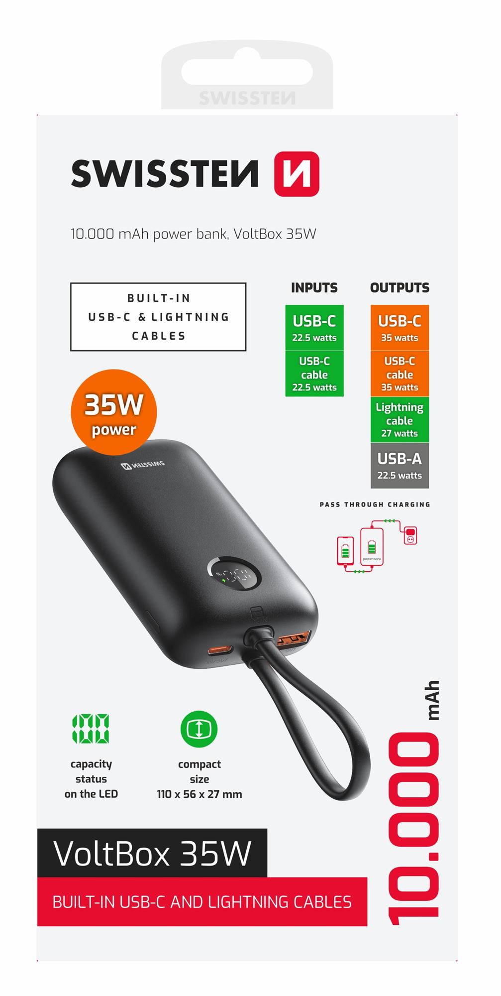 SWISSTEN POWER BANK VOLTBOX 35W 10000 mAh S INTEGROVANÝM USB-C A SVETELNÝMI KÁBLAMI ČIERNA