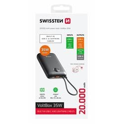 SWISSTEN POWER BANK VOLTBOX 35W 20000 mAh S INTEGROVANÝMI KABELY  USB-C A LIGHTNING ČERNÁ