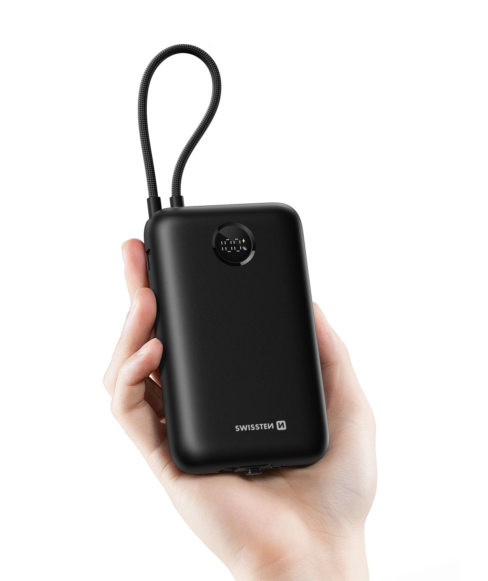 SWISSTEN POWER BANK VOLTBOX 35W 30000 mAh S INTEGROVANÝM USB-C A SVETELNÝMI KÁBLAMI ČIERNA