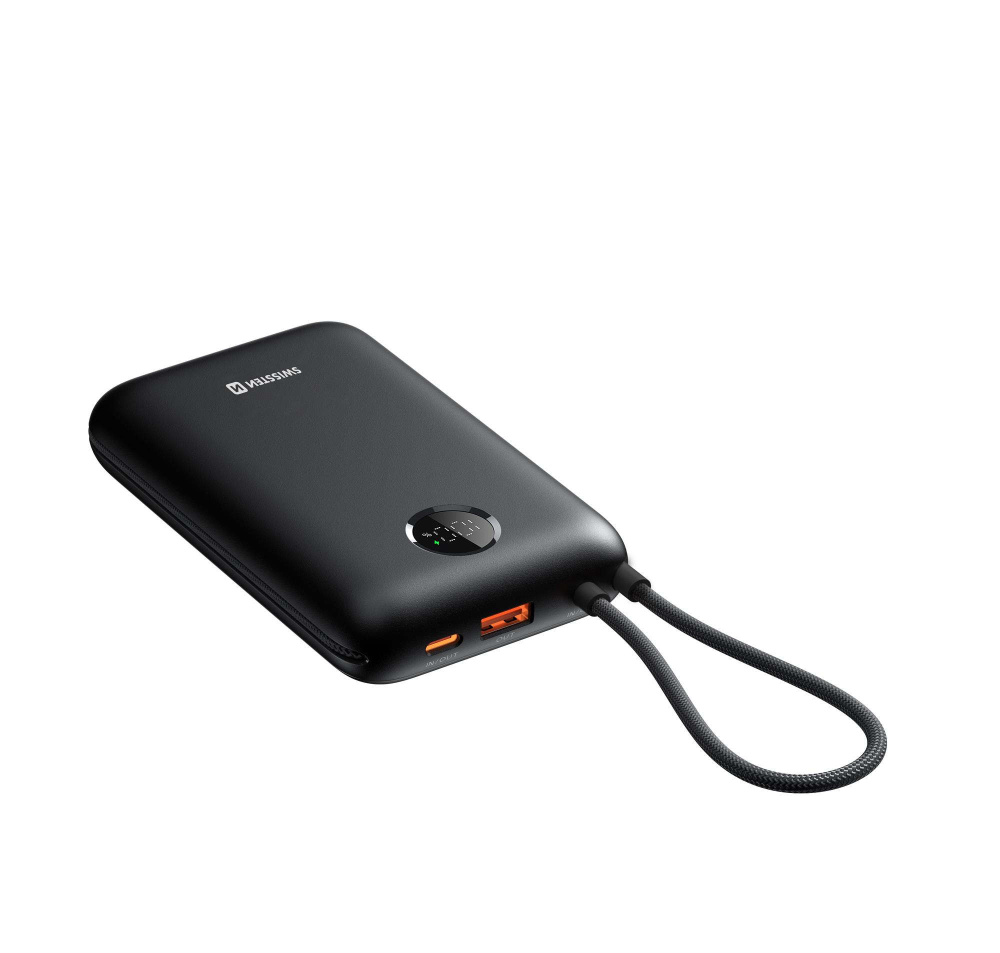 SWISSTEN POWER BANK VOLTBOX 35W 30000 mAh S INTEGROVANÝM USB-C A SVETELNÝMI KÁBLAMI ČIERNA
