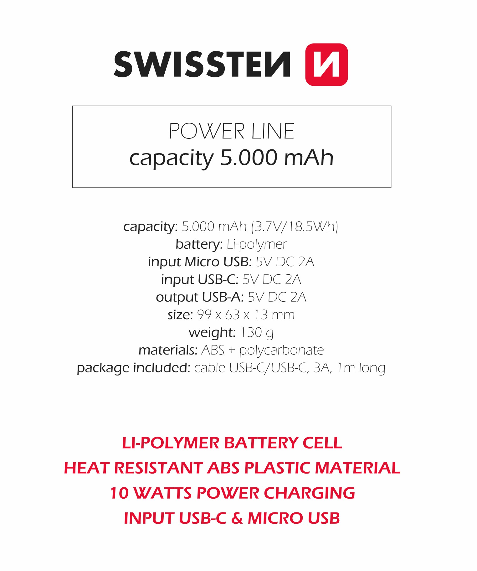SWISSTEN Power Line powerbank 5000 mAh 10W černá