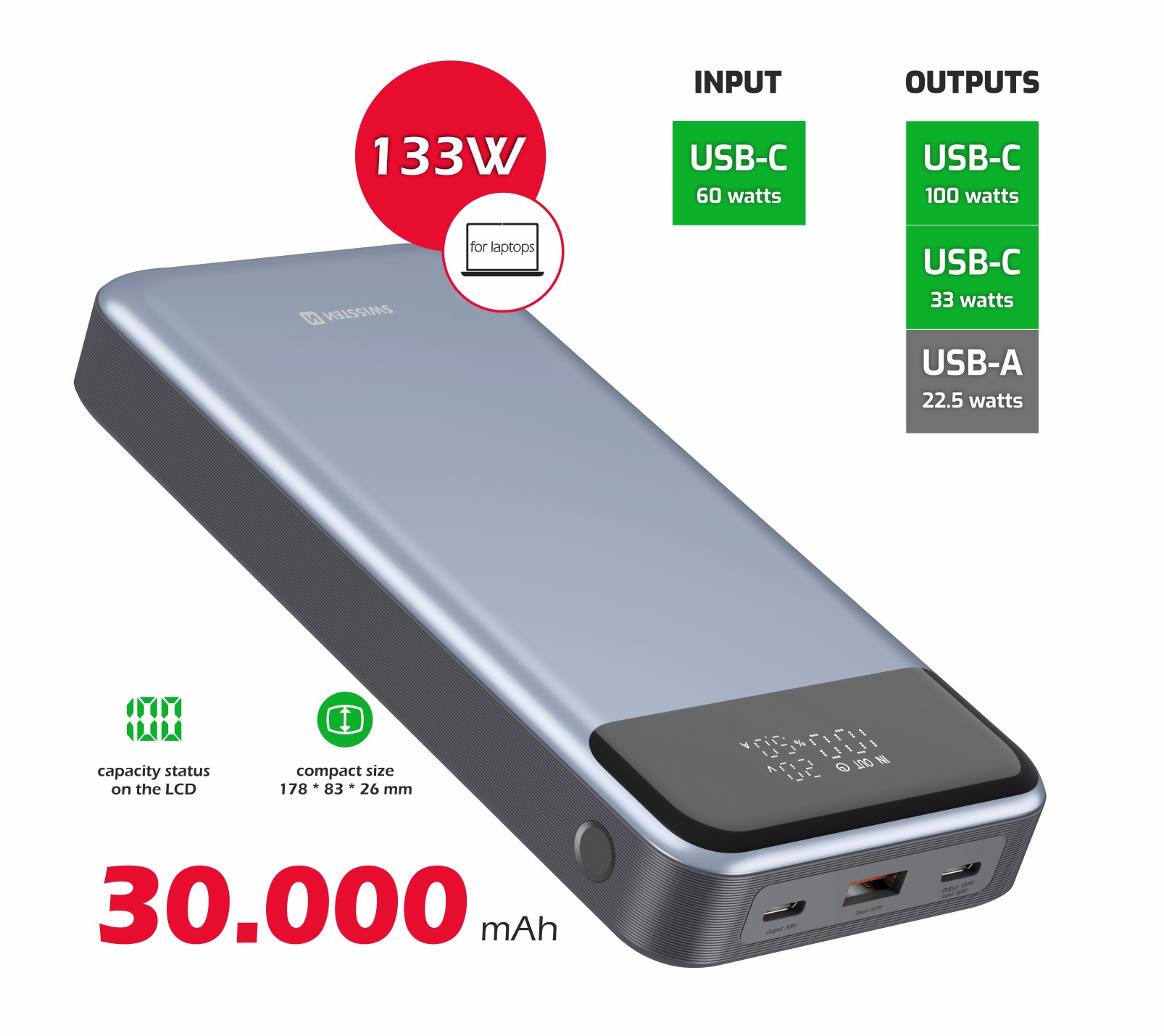 Swissten powerbanka notebook 30000 mAh, šedá