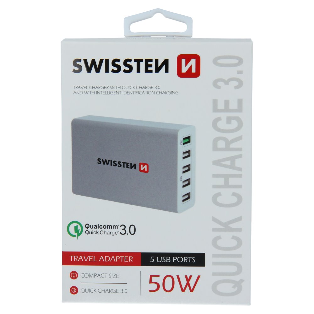 Swissten nabíječka QC 3.0 5× USB, bílá