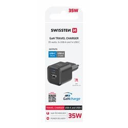 SWISSTEN SÍŤOVÝ ADAPTÉR GaN 1x USB-C 35W PD + 1x USB-A 27W QC ČERNÝ