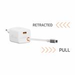 SWISSTEN SÍŤOVÝ ADAPTÉR SlideCHARGE GaN 30W, 1x USB-A 18W SE ZATAHOVACÍM USB-C KABELEM 0.75 M BÍLÝ