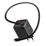 SWISSTEN SÍŤOVÝ ADAPTÉR SlideCHARGE GaN 30W, 1x USB-A 18W SE ZATAHOVACÍM USB-C KABELEM 0.75 M ČERNÝ