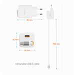 SWISSTEN SÍŤOVÝ ADAPTÉR SlideCHARGE GaN 45W, 1x USB-A 18W SE ZATAHOVACÍM USB-C KABELEM 0.75 M BÍLÝ