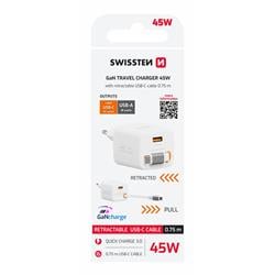 SWISSTEN SÍŤOVÝ ADAPTÉR SlideCHARGE GaN 45W, 1x USB-A 18W SE ZATAHOVACÍM USB-C KABELEM 0.75 M BÍLÝ