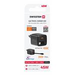 SWISSTEN SÍŤOVÝ ADAPTÉR SlideCHARGE GaN 45W, 1x USB-A 18W SE ZATAHOVACÍM USB-C KABELEM 0.75 M ČERNÝ