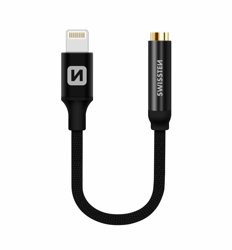 Swissten Textile audio adaptér Lightning/Jack 0,15 m, černý
