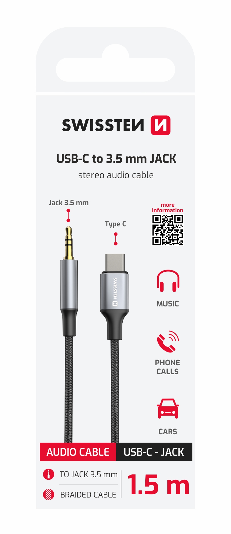 Swissten Textile audio adaptér USB-C/3,5mm Jack 1,5 m, černý