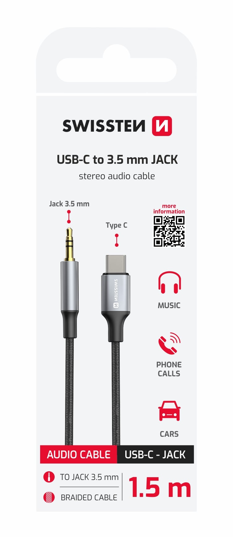 Swissten Textile audio adaptér USB-C/3,5mm Jack 1,5 m, černý