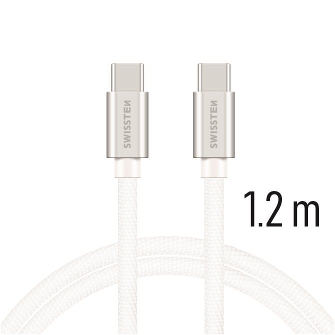 Swissten Textile kábel USB-C/USB-C 1,2 m, strieborný