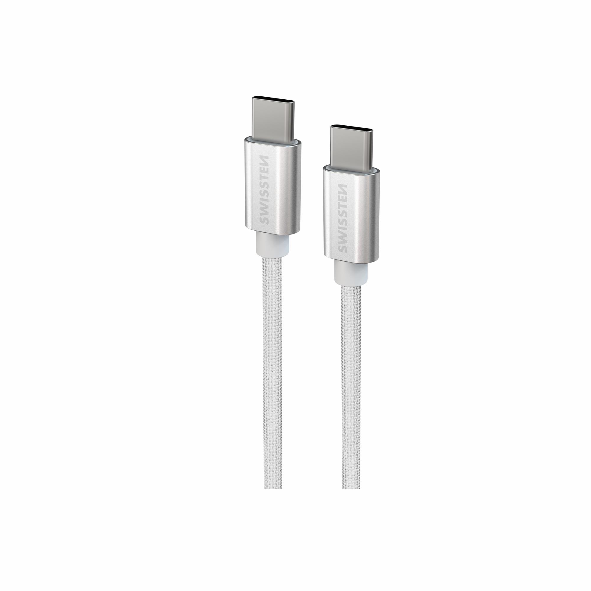 Swissten Textile kábel USB-C/USB-C 1,2 m, strieborný