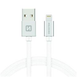 SWISSTEN Textile Lightning MFi, datový kabel, stříbrný, 2 m