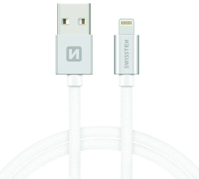 SWISSTEN Textile Lightning MFi, dátový kábel, strieborný, 1,2 m 71524203