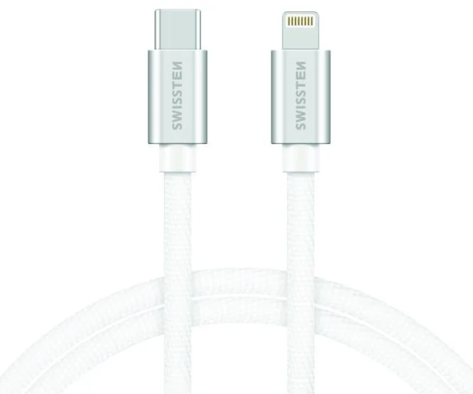 SWISSTEN Textilný dátový kábel USB-C / Apple Lightning, strieborný, 1,2 m