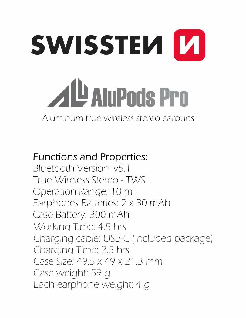 Swissten TWS sluchátka Alupods Pro